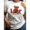 thumbnail image 2 of Camiseta de San Valentín para mujer con diseño de osito "Love Yourself". Cuello redondo, manga corta, tejido de verano, largo normal, estampado de dibujos animados. Para adultos, hombres, mujeres, ado, 2 of 8