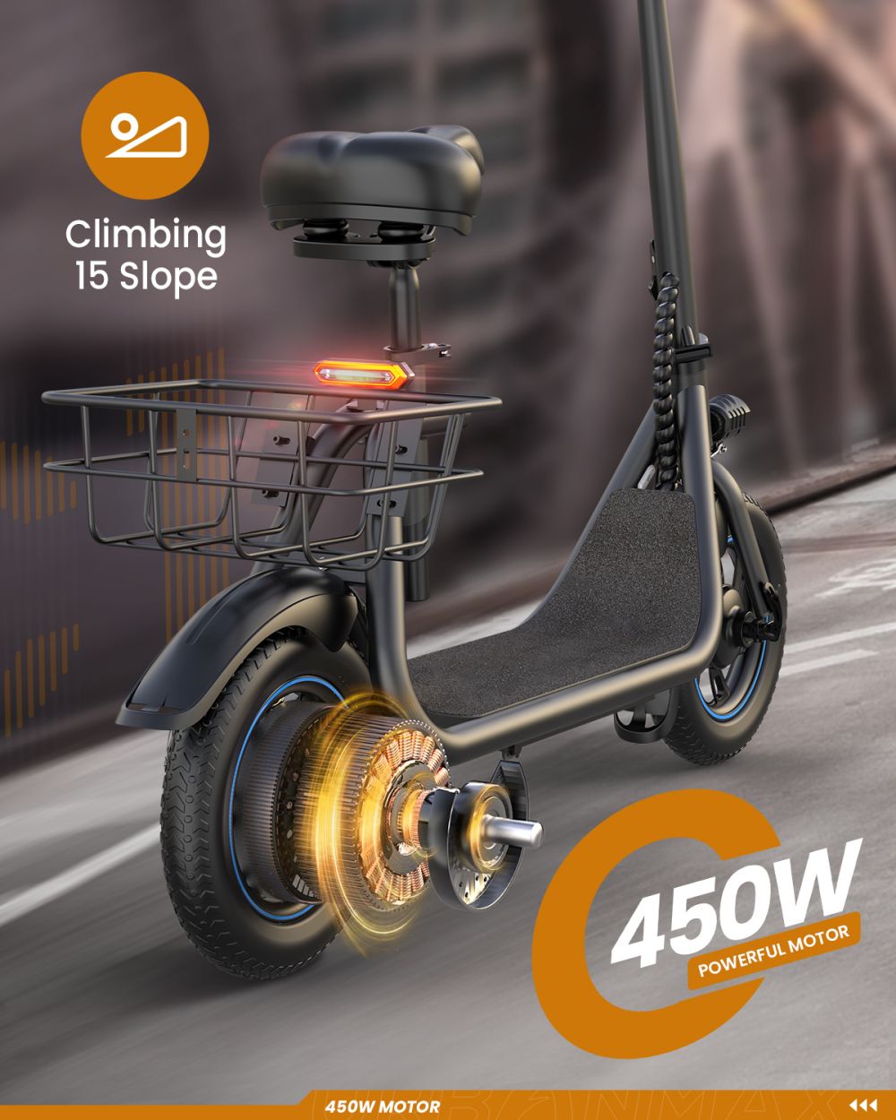 Kistp 450W Electric Scooter with Seat for Adult, 12 inch Commuter Electric Scooter with Basket - up to 21 Miles 15.5MPH - image 3 of 9