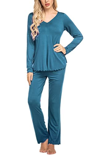 VOOMALL Pajamas Set for Women Long Sleeve Sleepwear V-Neck Pj Top with Long Sleep Pants Soft Loungewear S-XXL 