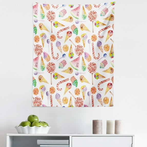 Colorful Tapestry, Ice Cream Candy Cakes Lollipop Clementine Fruits Birthday Celebration Pattern, Fabric Wall Hanging Decor for Bedroom Living Room Dorm, 5 Sizes, Multicolor, by Ambesonne