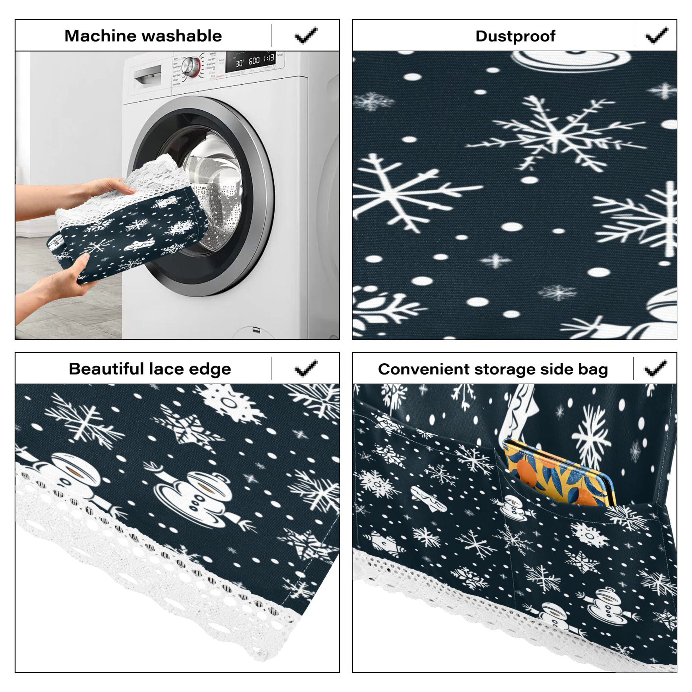 Snowflakes PatternWasher and Dryer Covers Dust-Proof and Oil Resistant Fridge Cover with 4 Storage Pockets Washing Machine Top Cover for Laundry Kitchen Home 51.2 x 22 In