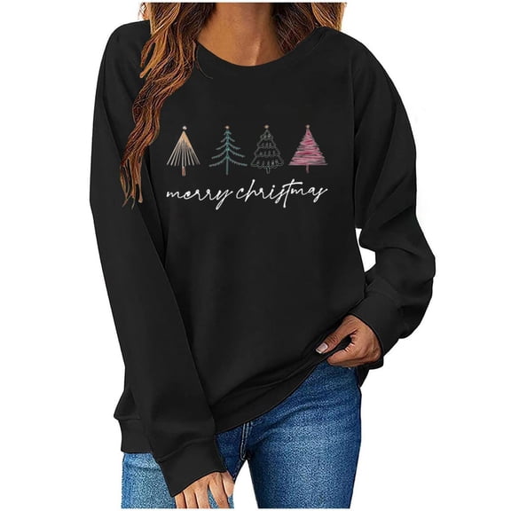 Womens Christmas Tree Print Sweatshirts Round Neck Tops Long Sleeve Blouses Comfort Casual Relaxed Fit Pullover Sweater Blouses Fall Fashion Outfits 2025 Christmas Fleece Teen Girls Christmas Clothes