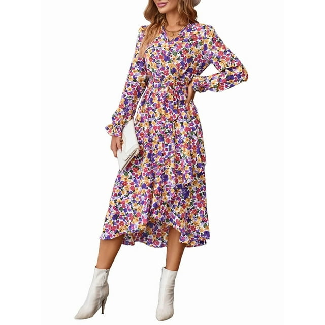 Women'S Summer Floral Boho Wrap Long Sleeve V Neck Ruffle A-Line Flowy Wedding Guest Long Dresses Pink S