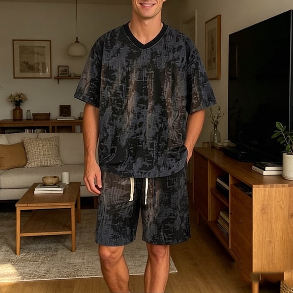 Xcmzpl Mens Tie Dry Outfits 2 Piece Sets Oversized Short Sleeve Shirts Baggy Wide Leg Shorts Vintage Summer Tracksuits with Pocket