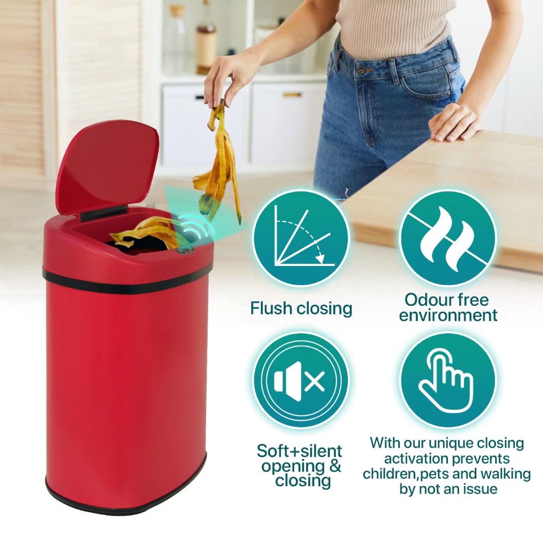 Kitchen Trash Can 13 Gallon Garbage Can, Sensor Trash Can Touchless Stainless Steel Trash Can, Brushed Dustbin 50 Liter Motion Trash Bin Metal Waste Bin with Lid for Home Bathroom Offic, Red