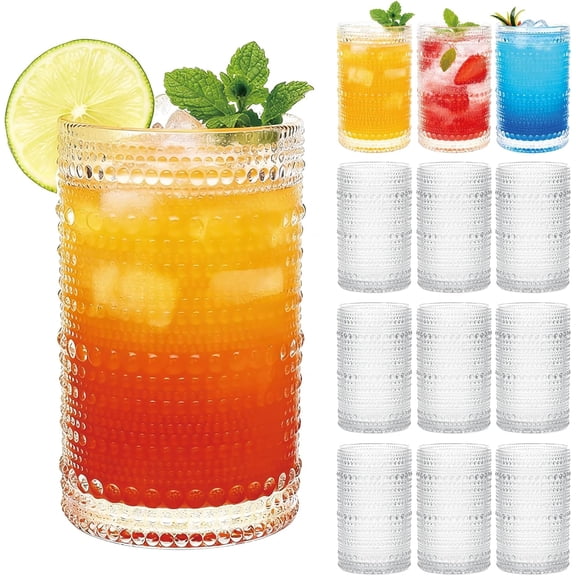Hobnail Drinking Glasses Set of 12, 12 Oz Highball Glasses, Clear Embossed Water Glass Cups for Beer, Whiskey, Juice & Cocktails, Multi-Use Boho Glassware Set for Home, Bar, Kitchen & Gifting