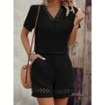 thumbnail image 4 of Short Sleeve Womens 2-Piece Set Summer Loose Lace V Neck T Shirts Dressy Casual Ruffle Sleeve Tunic Blouses Shorts Black XL, 4 of 7