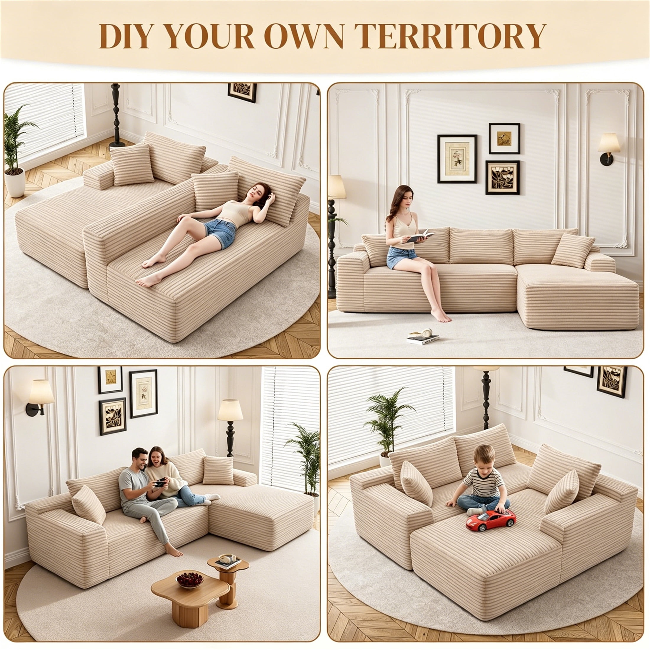 Aukfa 96" Cloud Sectional Sofa Deep Seat Boneless Couch Modular L-Shaped Couch, Right Chaise Corduroy Sofa for Living Room, Camel