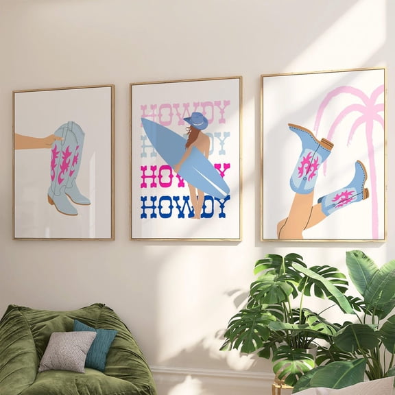 UNFFRAMED Coastal Cowgirl Print Set, Pink & Blue Dorm Decor Set 3 Prints 8x12