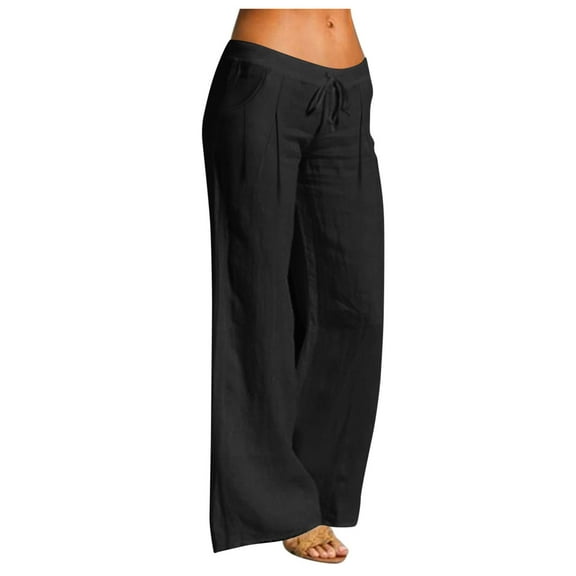 POROPL Linen Pants Women Wide Leg Drawstring Pleated Cotton Blend Casual Loose Pants with Pockets