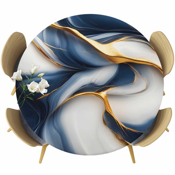 Navy Blue Marble Fitted Tablecloth with Elastic Edged, Round Table Cloth for Dining Table, Gold Modern Art Waterproof Oil Proof Table Cover for Indoor Outdoor 36"-44"
