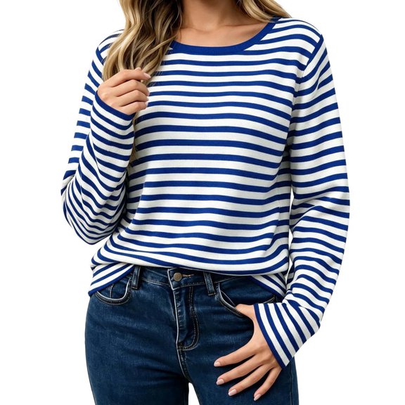 DYTTDG Women's Striped Crew Neck Long Sleeve Top, Soft Stretchy Knit Pullover, Casual Everyday Wear Blouse for Spring Fall Outfits