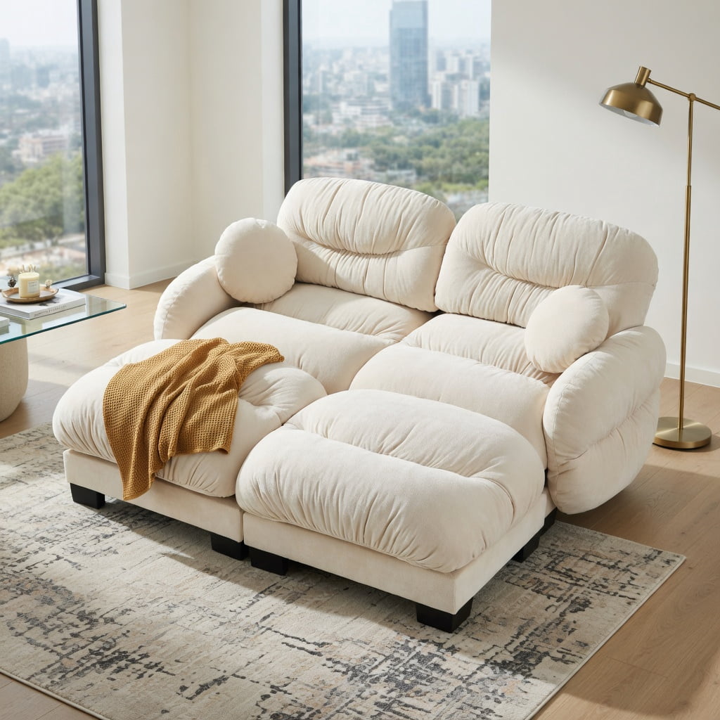 Hommoo Chenille 2-Seat Modular L-Shaped Sectional Sofa with Ergonomic Foam, Curved Armrests, 2 Ottomans & Throw Pillows, Pleated Back Design, Beige