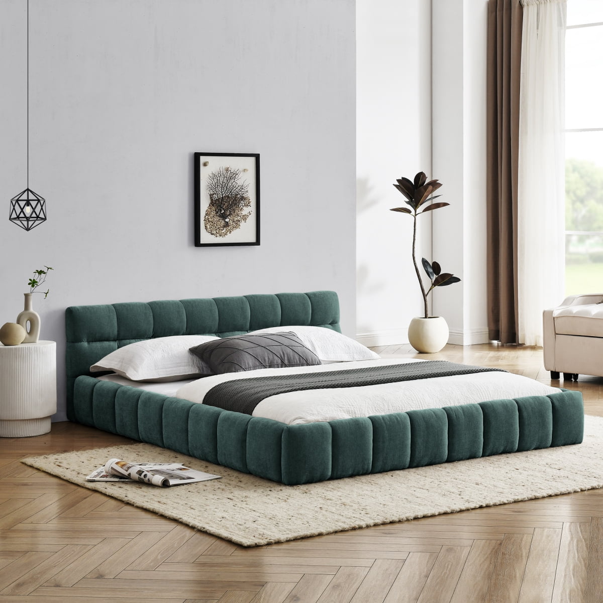 Queen Size Upholstered Bed Frame with Thick Fabric, Chenille Fabric Grounded Queen Size Platform Bed with Headboard and Solid Frame. No Box Spring Needed, GREEN