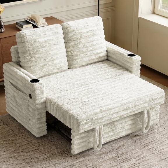 Rophefx 3-in-1 Convertible Sofa Bed,Corduroy Pull Out Sleeper Sofa Bed Sofa Couch with Cup Holders,USB Ports, Adjustbale Backrest,Side Pockets for Living Room Bedroom Apartment Small Space,Beige