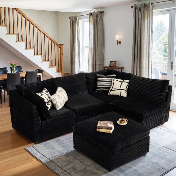 Toject 130" Modular Sectional Sofa Couch, Convertible U Shaped Minimalist Couches with Ottomans, Cloud Plush Corduroy 5 Seater Deep Couch Set for Living Room, Bedroom(Black)