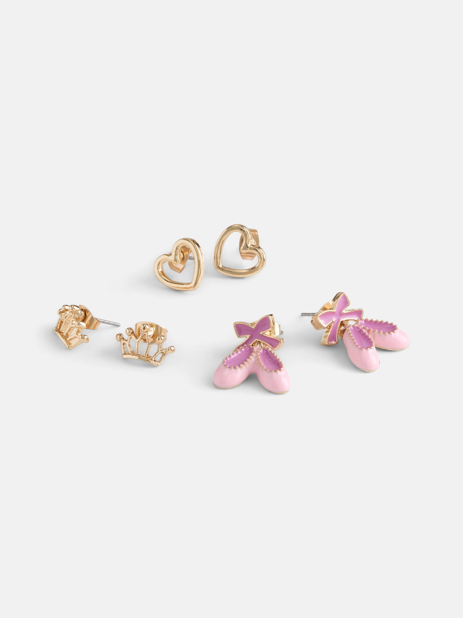Wonder Nation Girls 3 Pairs Ballerina Earrings, Gold/Pink