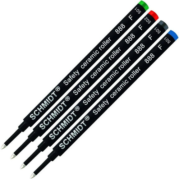 Schmidt 888 Safety Ceramic Rollerball Refill - Black, Blue, Green, Red Ink (Fine Tip 0.6mm) - Pack of 4