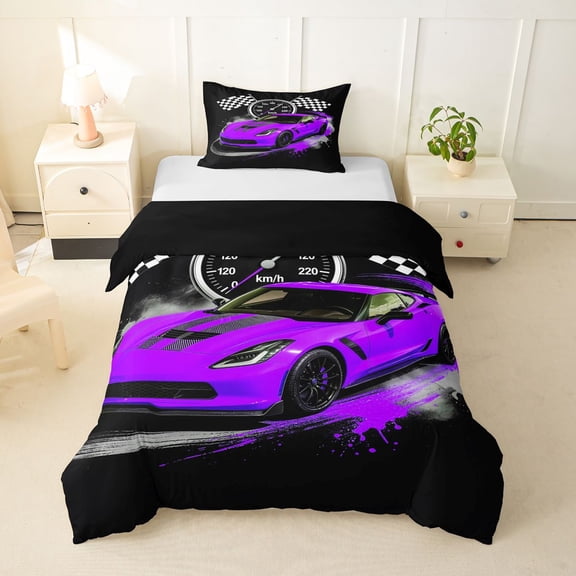 Castle Fairy Retro Racing Car Twin Bedding for Boys, Checkered Flag Print Duvet Cover Set for Bedroom, Purple Black,Black Reversible,2pcs,No Comforter