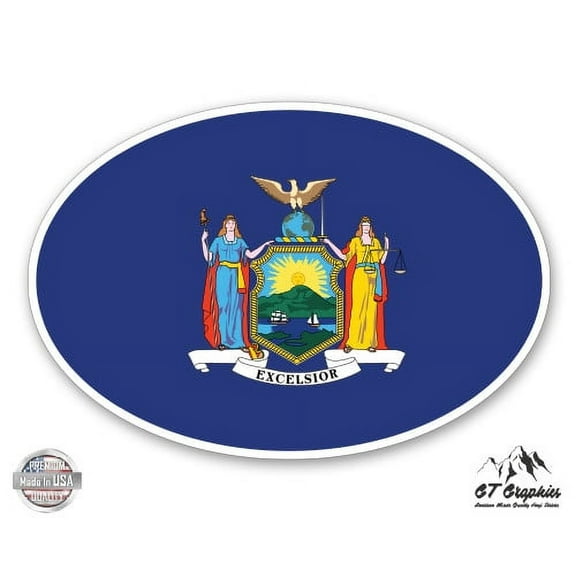 New York State Flag Oval - 3" Vinyl Sticker - For Car Laptop I-Pad Phone Helmet Hard Hat - Waterproof Decal