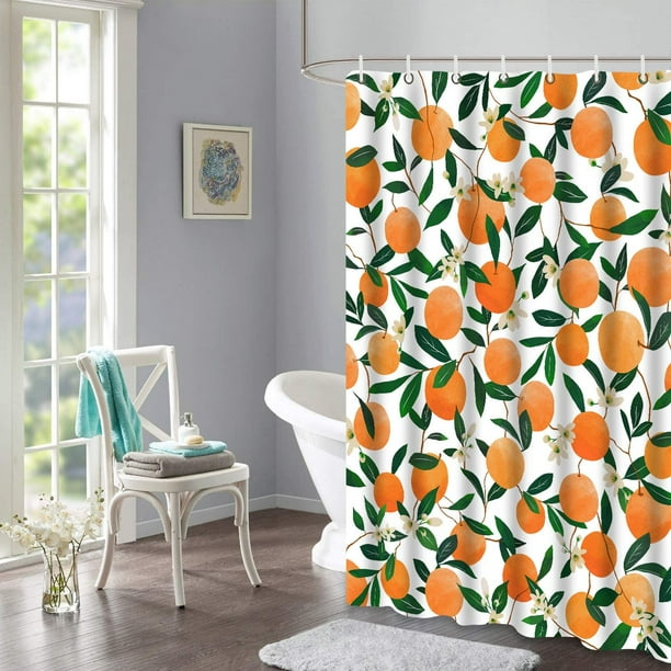 Orange Shower Curtains, Allover Fruits Shower Curtain Round Citrus