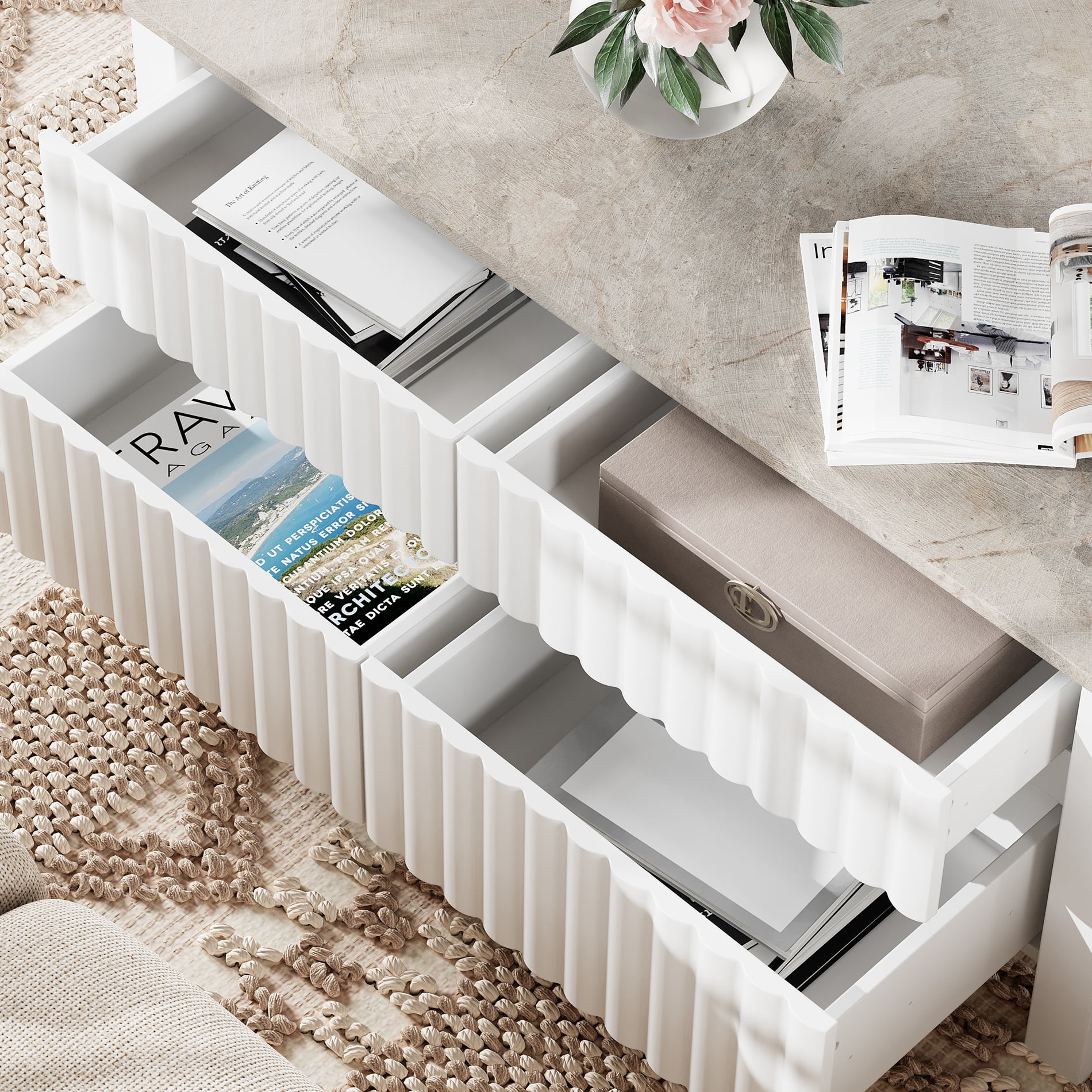 Modern Coffee Table with Sliding Drawers for Living Room, White