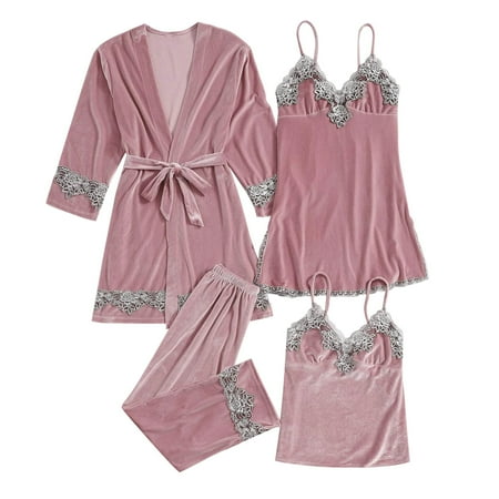 Mrat Pajamas for Women Set Pajama Sets 4PC Nightgown Gold Long Nightgowns for Women Teddy Lingerie Plus Size Robe Velvet Pajamas Lace Nightdress Sleepwear Trousers Pink_A XL