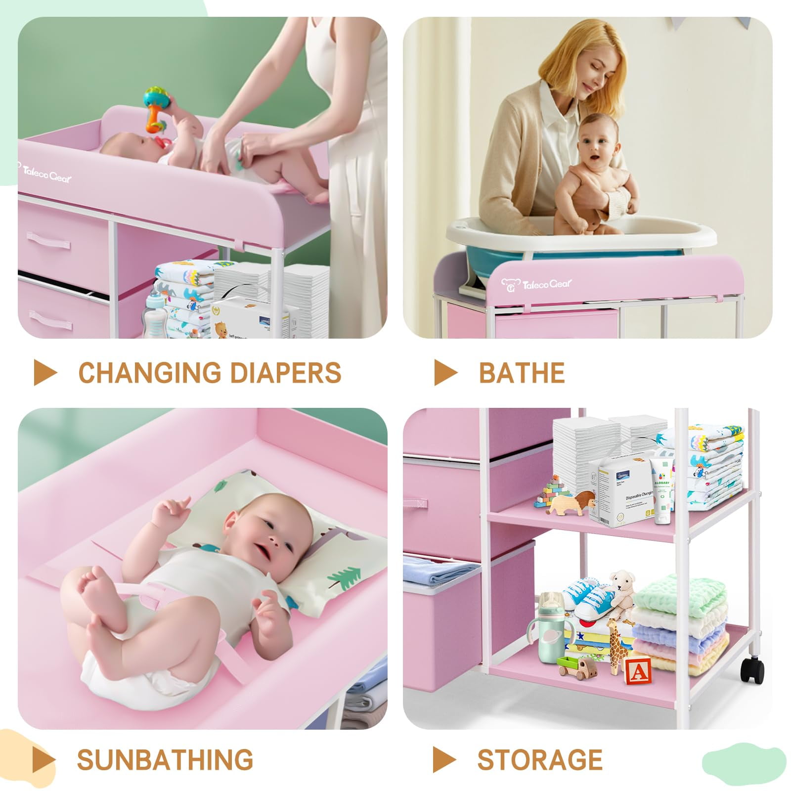 G TALECO GEAR Baby Changing Table, Portable Diaper Changing Station with Wheels, Nursery Organizer for Newborn and Infant, Pink