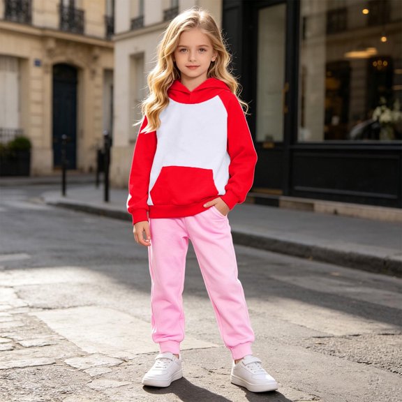 Glisme Outfits For Girls Long Sleeve Round Neck Cartoon Pattern Hoodies Tops Pants Classic Big Girls Clothes Red