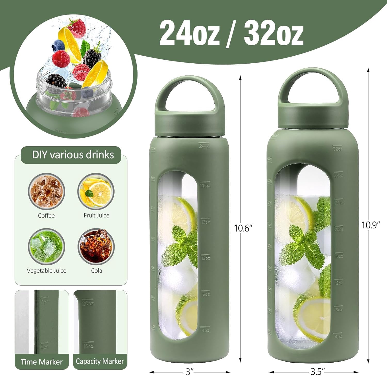 MUKOKO Glass Water Bottle, 32oz Sports Drinking Tumbler with Silicone Sleeve and Straw, 1 Cup 2 Lids, Olive