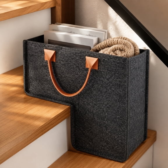 Foldable Stair Basket Storage, Felt Organizer Bag for Stairs, Large Carrying Storage Basket for Home Closet, Bedroom and Living Room, Space Saving Household Organization Bin