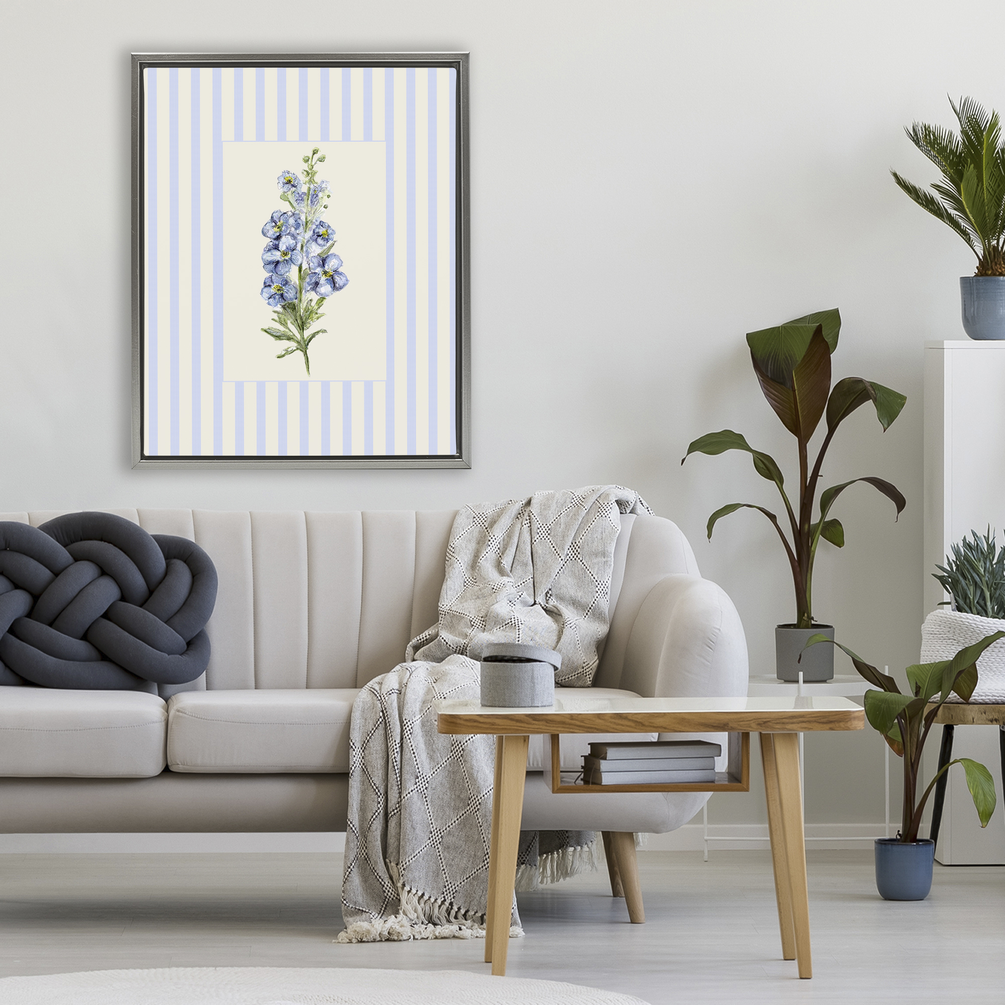 Blue Stripe Larkspur Gray Framed Floater Canvas Wall Art, design by Lisa Wehmeyer