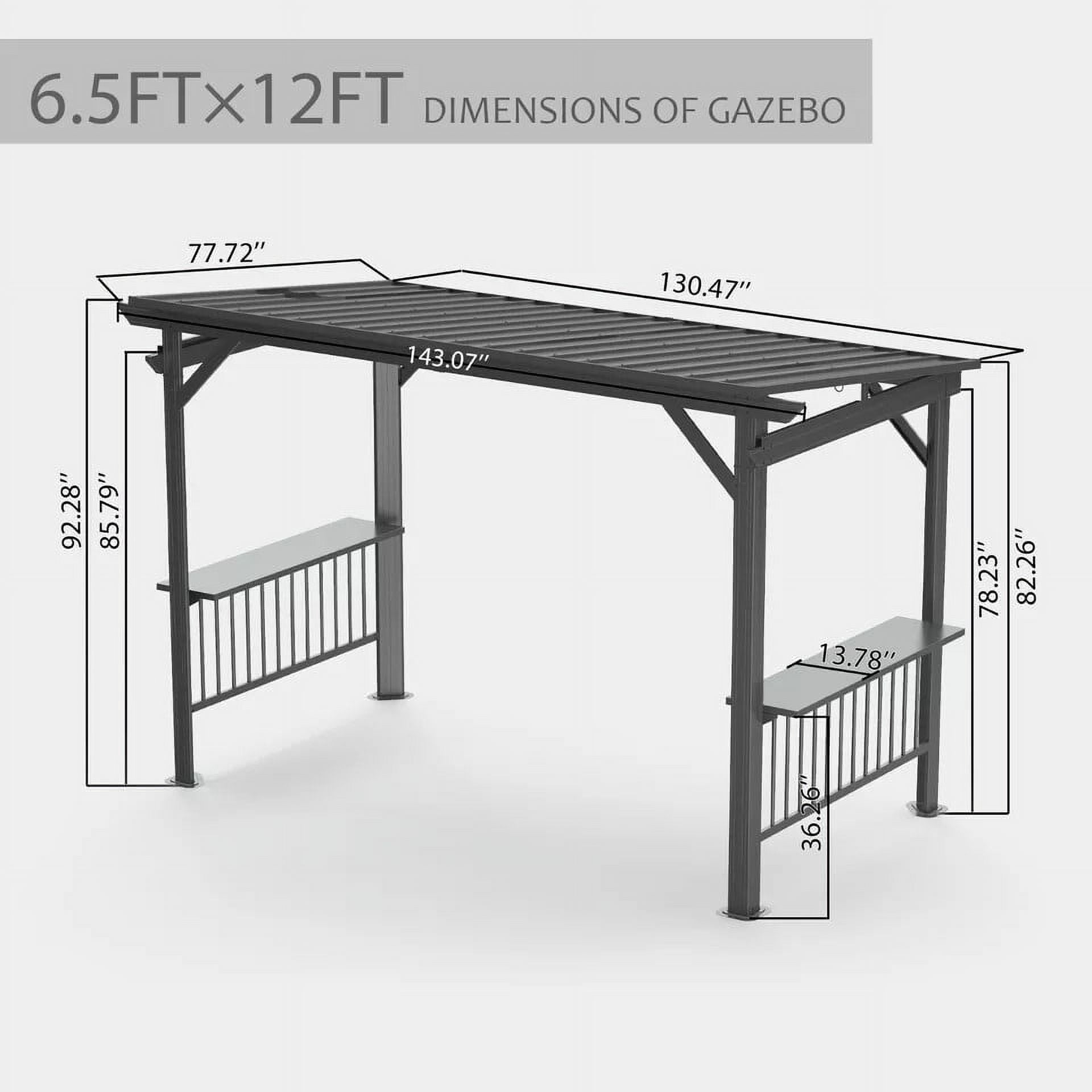 TOTAL 6.5x12FT Hardtop Grill Gazebo, Outdoor BBQ Shelter with 2 Side Shelves, Sloping Steel Roof, Permanent Sun Shade & Ceiling Hooks for Patio, Deck, Yard, Garden (Gray)