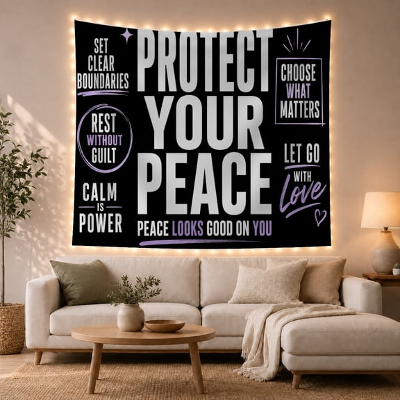 "Protect Your Peace" Motivational Text on Black Background, Inspirational Digital Art for Women, Self-Care Wall Art Decor, Housewarming Gift Tapestry Wall Hanging for Office and Bedroom