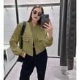 thumbnail image 5 of Women'S Cropped Varsity Jackets Long Sleeve Button Down Casual Coat with Pockets Outwear Olive Green L, 5 of 7