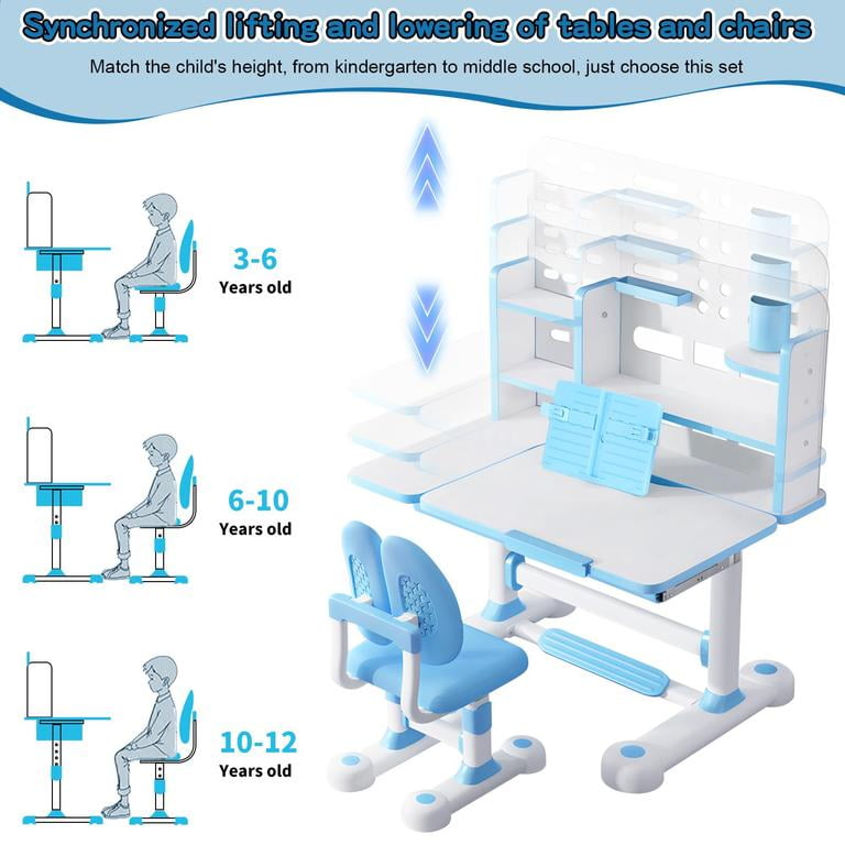 YNCE 2025 Upgrade Kid Desk and Chair Set, 50-Degree Tiltable Desktop Height Adjustable Kids Table and Chair Set with Bookshelf Storage Drawer for Bedroom Study Room (Blue #3)
