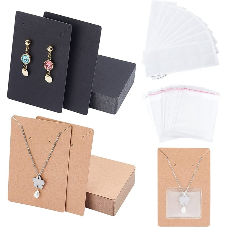 SUNNYCLUE 100pcs Necklace Display Card 2 Colors Jewelry Display Cards 2.3 x 3.5 Display Holder with 100pcs Adhesive Pouch 100pcs Clear Self Seal Bags for