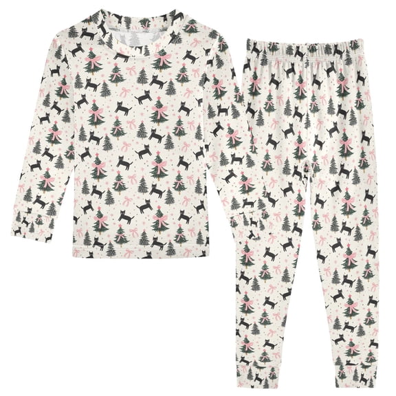 Pajama Pink Bows Cats Christmas Tree Cute Comfortable Cotton Two-piece Pajama Set