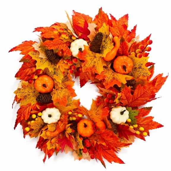 Fall Wreath, Fall Wreath with Maple Pumpkin,18 inch Autumn  Sign Wreaths for Front Porch Home Decor Thanksgiving Decorations