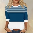 thumbnail image 3 of Womens 3/4 Length Sleeve Tops Trendy Striped T Shirts Crew Neck Colorblock Casual Fall Basic Tees Graphic Tshirts (L, Blue), 3 of 5