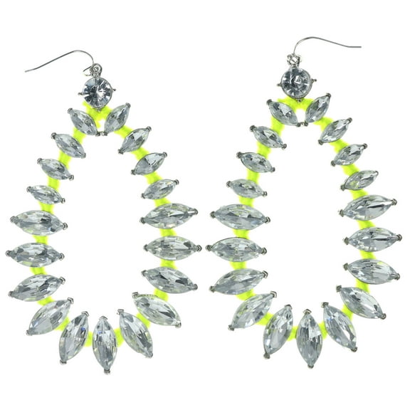Silver-Tone French Hook Dangle Hoop Earrings Crystal & Neon Yellow Strings