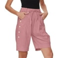 thumbnail image 3 of Bloomae Women's High Waist Bermuda Shorts Loose Drawstring Capri Pants with Pockets Wide Leg Summer Shorts Button Decor Pink S, 3 of 8