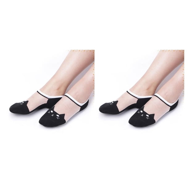 sweethay 6 colores mujeres niñas gato patrón cristal seda calcetines ultrafinos transparentes calcetines de corte bajo negro Negro PC 1 2piezas