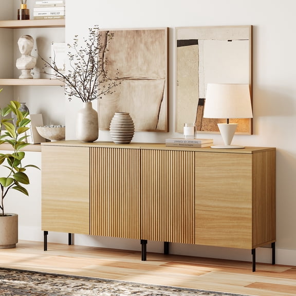 63" Reeded Accent Cabinet Set with Adjustable Shelves, Modern Credenza Storage Cabinet with Doors for Living Room, Kitchen, Dining Room, Hallway