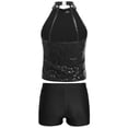 thumbnail image 2 of Aislor Kids Girls Halter Sleeveless Sequins Ballet Dance Crop Top with Shorts Set Gymnastics Dancewear Black 8, 2 of 7