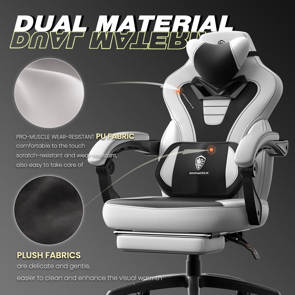 GOOSEA Gaming Chair with Footrest and Lumbar Massage, High Back Ergonomic Computer Desk Chair, Big and Tall Office Chair with Retractable Footrest, 300lbs, White