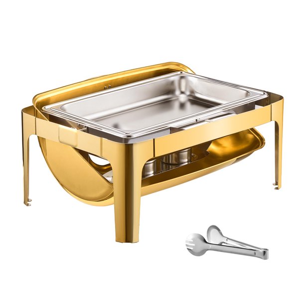 VEVOR Juego de plato para calentar de 9 cuartos de galón con tapa enrollable rectangular y sarten de tamaño completo de acero inoxidable dorado