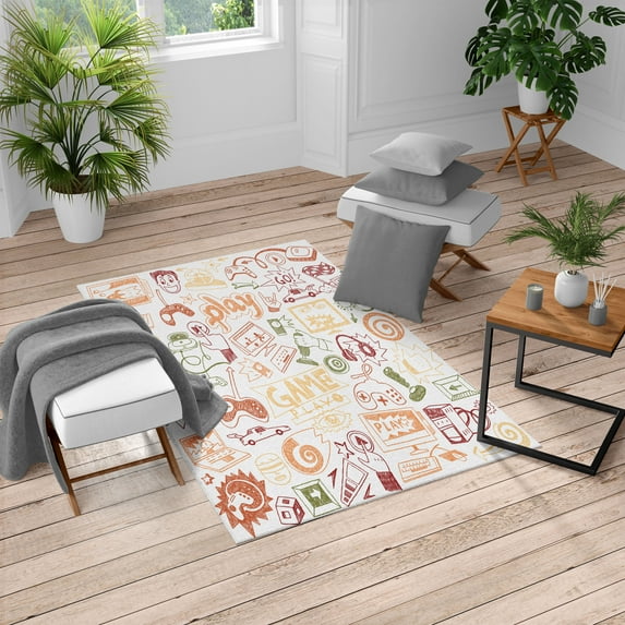 Video Games Turkish Area Rug, Monochrome Sketch Gaming Design Racing Monitor Device Gadget Teen 90's, Soft Carpet for Living Room Decor with Distressed Look, 6.6' X 9.6', Cinnamon Peach, by Ambesonne