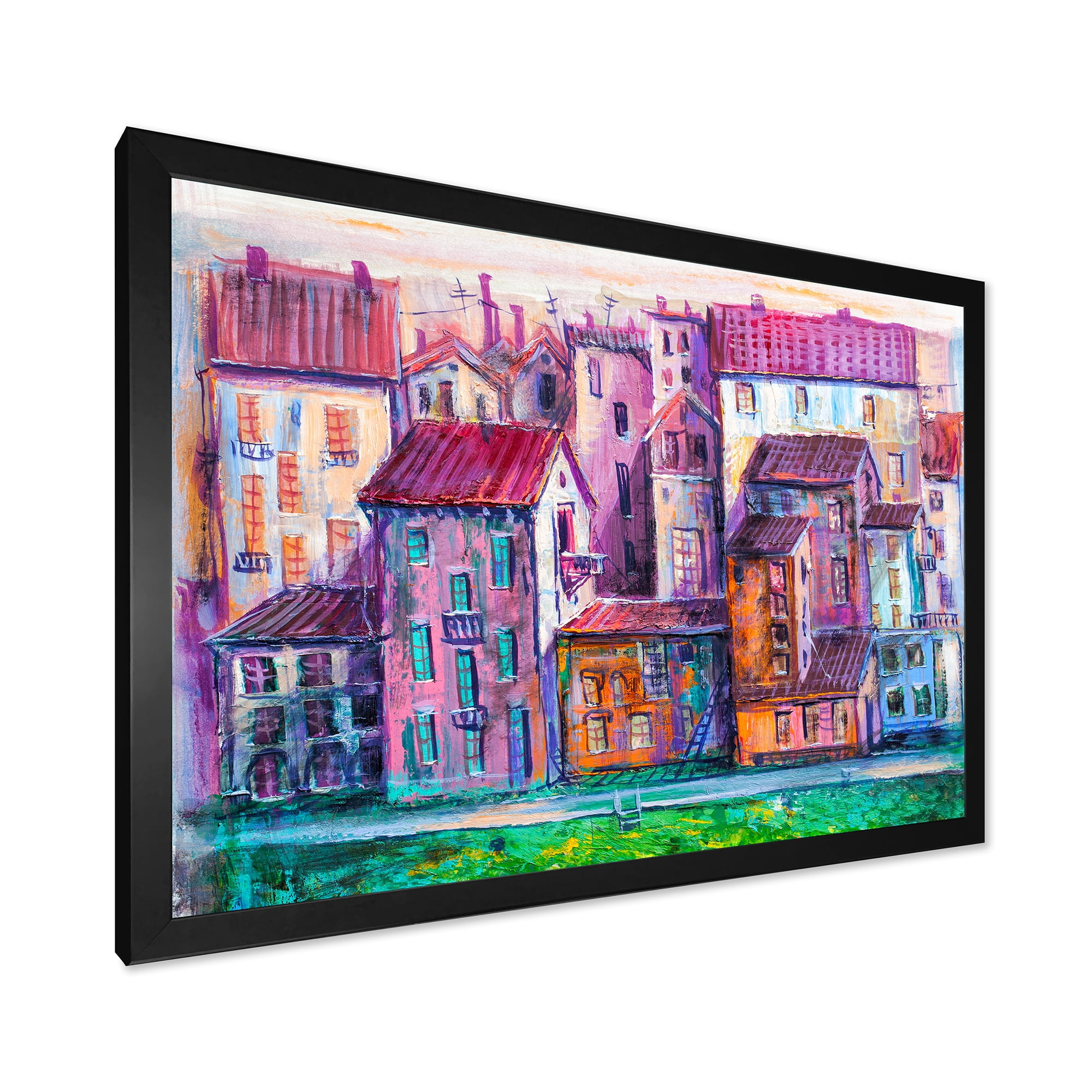 Designart 'Street With Colorful Old Homes Landscape' Modern Framed Art Print