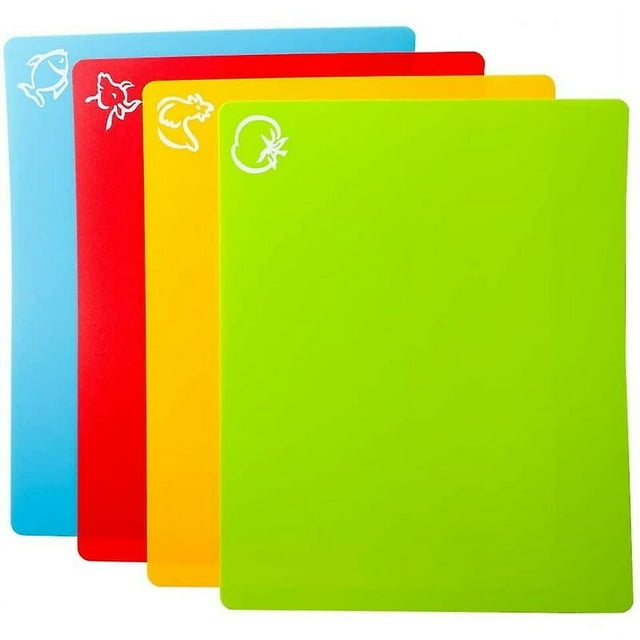 Kit de tabla de cortar flexible, alfombrillas de plástico resistentes sin BPA con parte trasera con agarre para mayor seguridad, aptas para lavavajillas y fáciles de guardar (rojo, verde, azul,